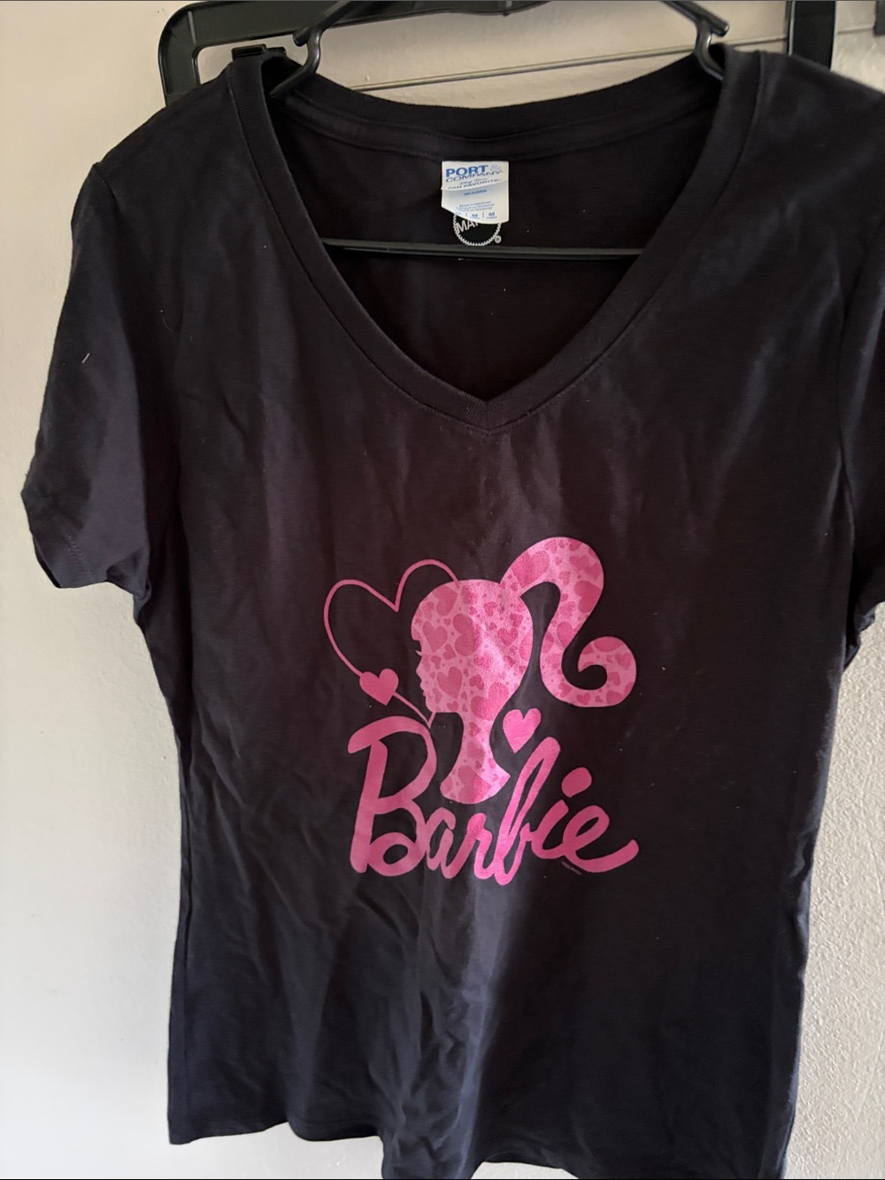 Barbie Black V-Neck Tee with Pink Logo Silhouette
